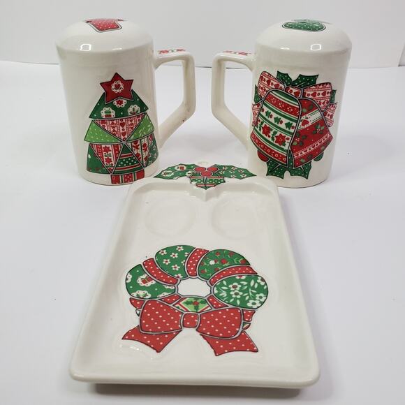 VTG Salt & Pepper Shakers Christmas Stocking Tree Quilted Garden Patch Enesco - Picture 2 of 16